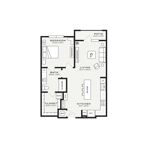 Floor plan for 1 bed, 1 bath, 839 sqft